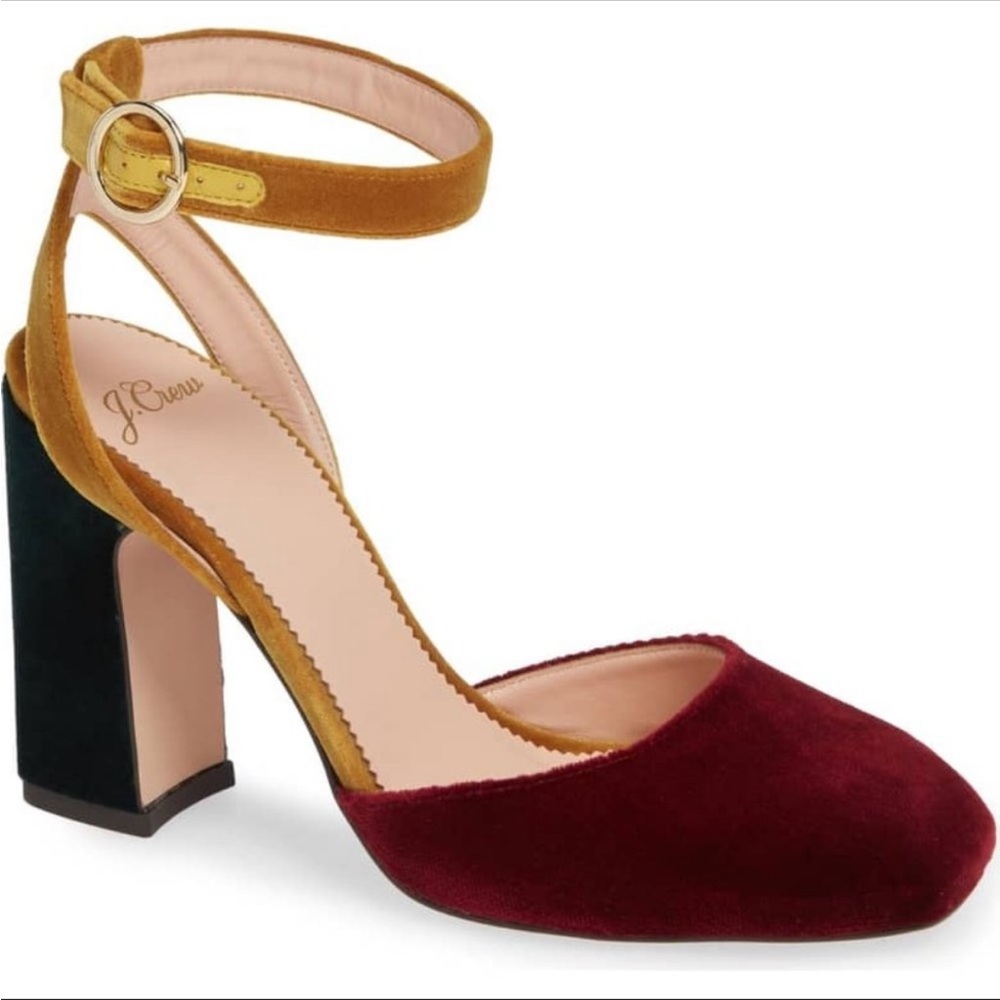 J. Crew Color-Block Velvet Harlow Ankle Strap Pump